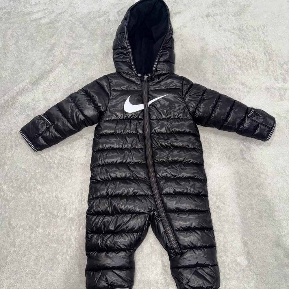 Nike Black Puffer Kids One-Piece Snowsuit with White Swoosh